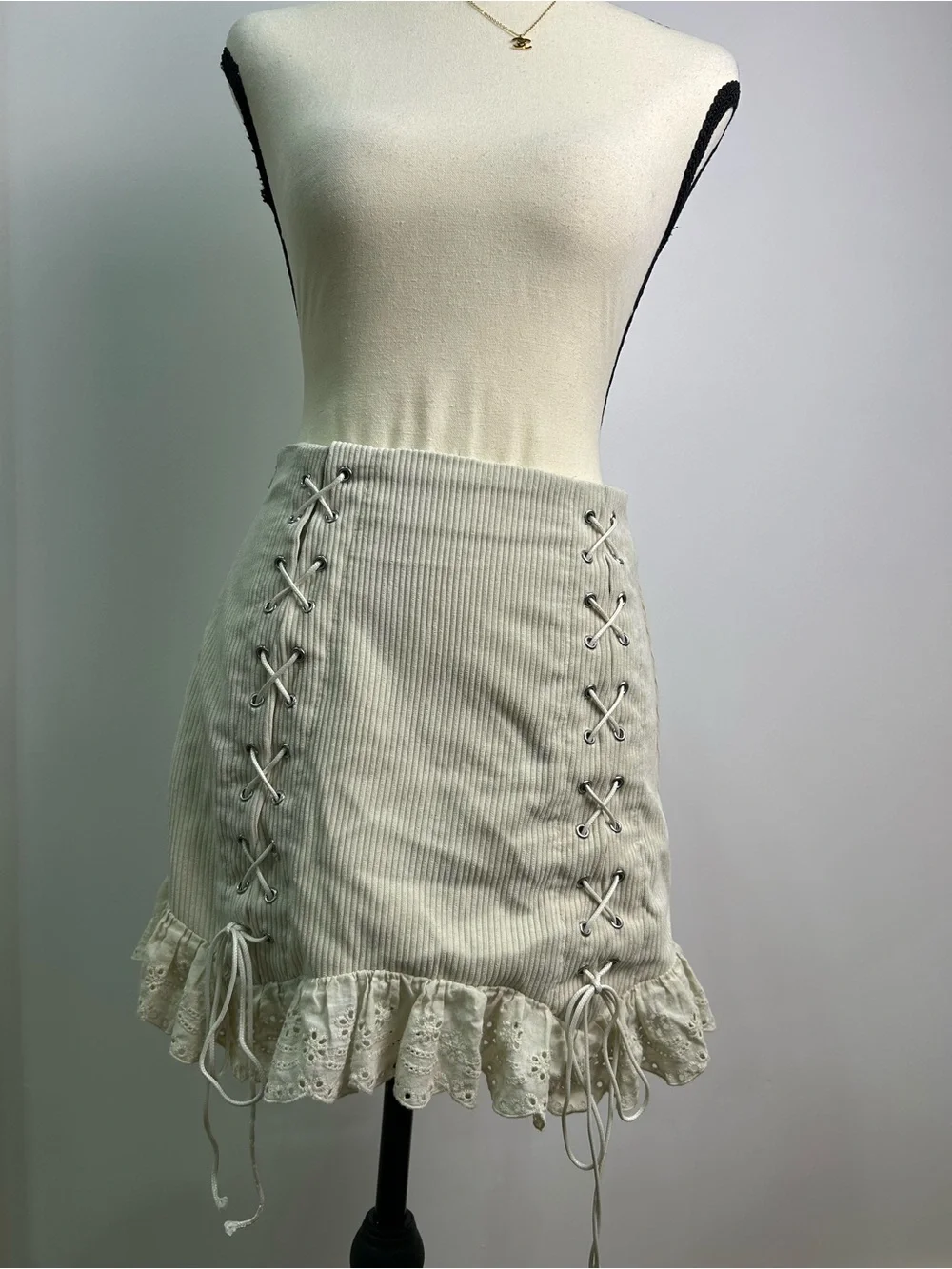 Coquette SHEIN Cream Tie-Up Corduroy Mini Skirt With Ruffles